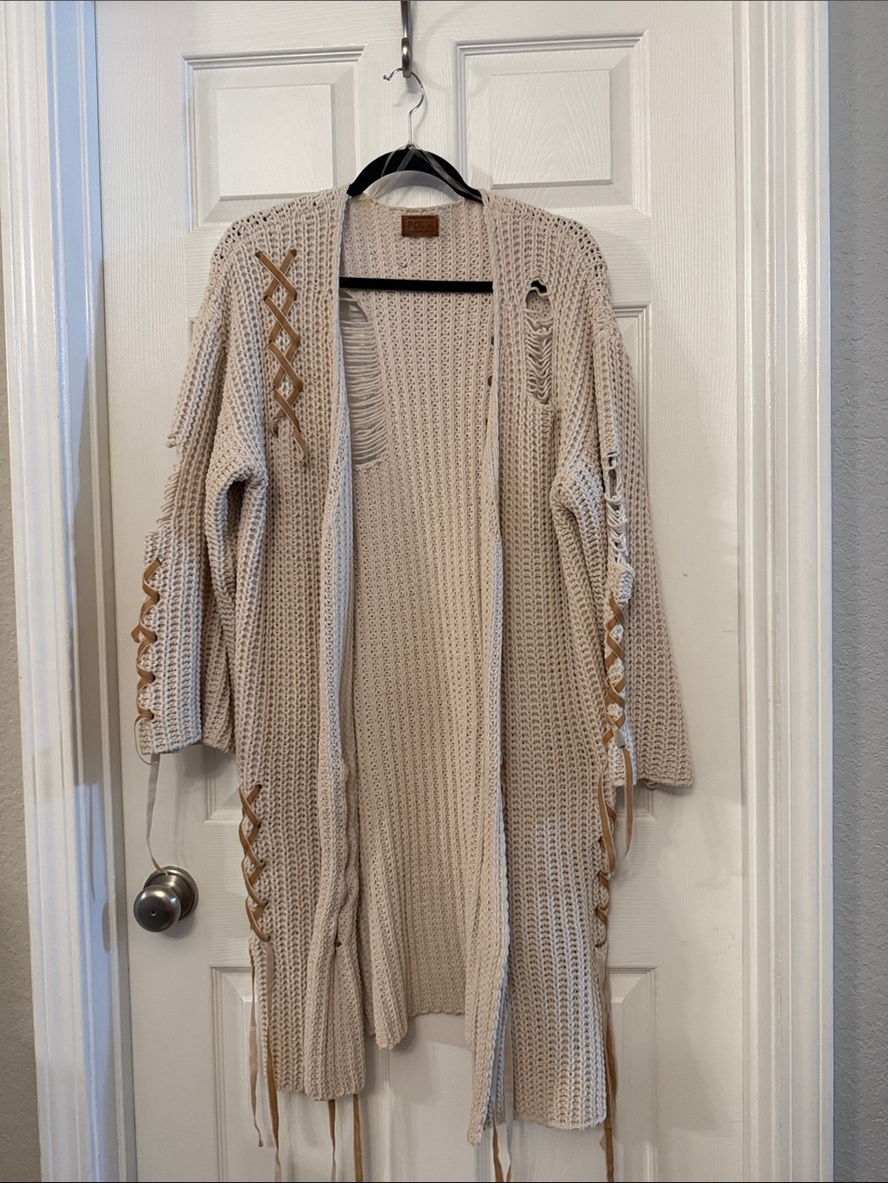 POL Cream Open-Front Knit Cardigan with Lace-Up Trim